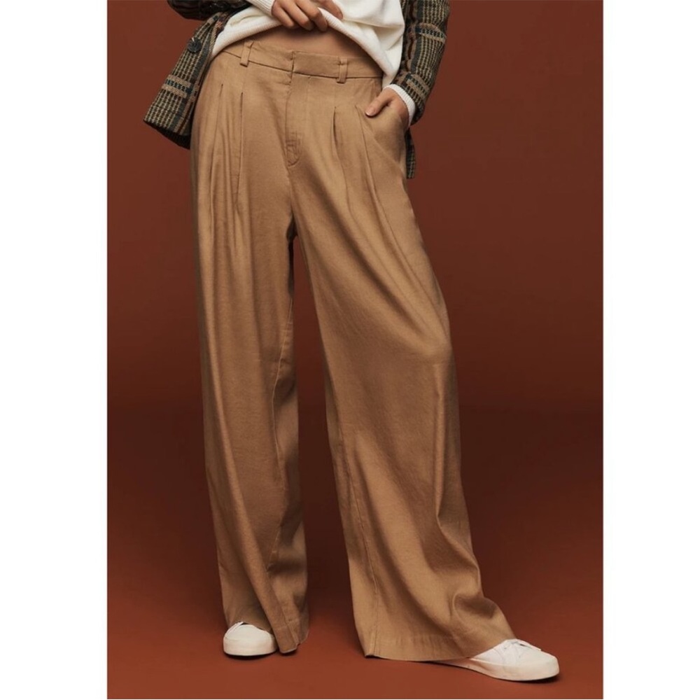 Anthropologie Avery Pleated Wide Leg Trousers Linen Edition Khaki Womens Size L